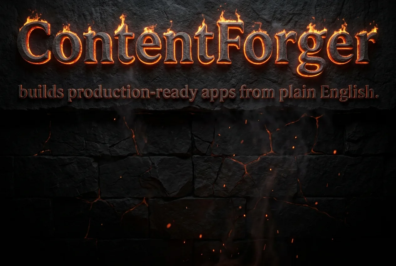 ContentForger title carved in burning basalt