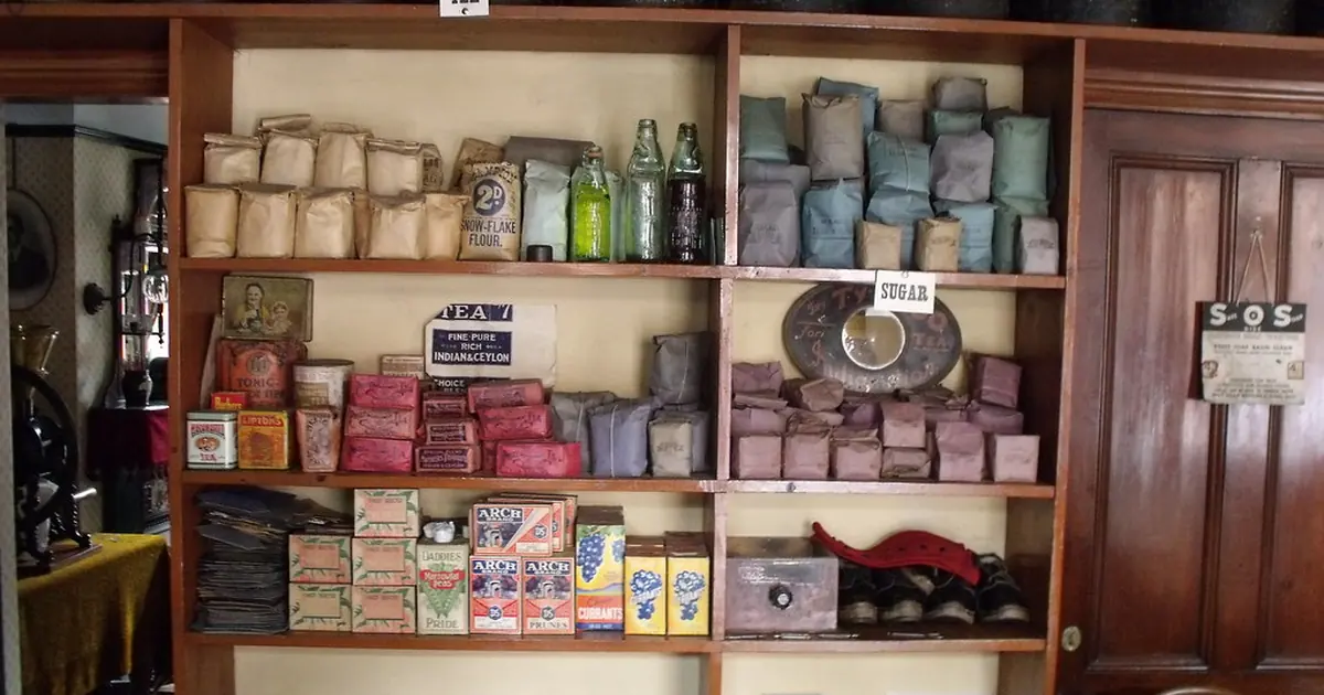 Shelves of goods in a small shop