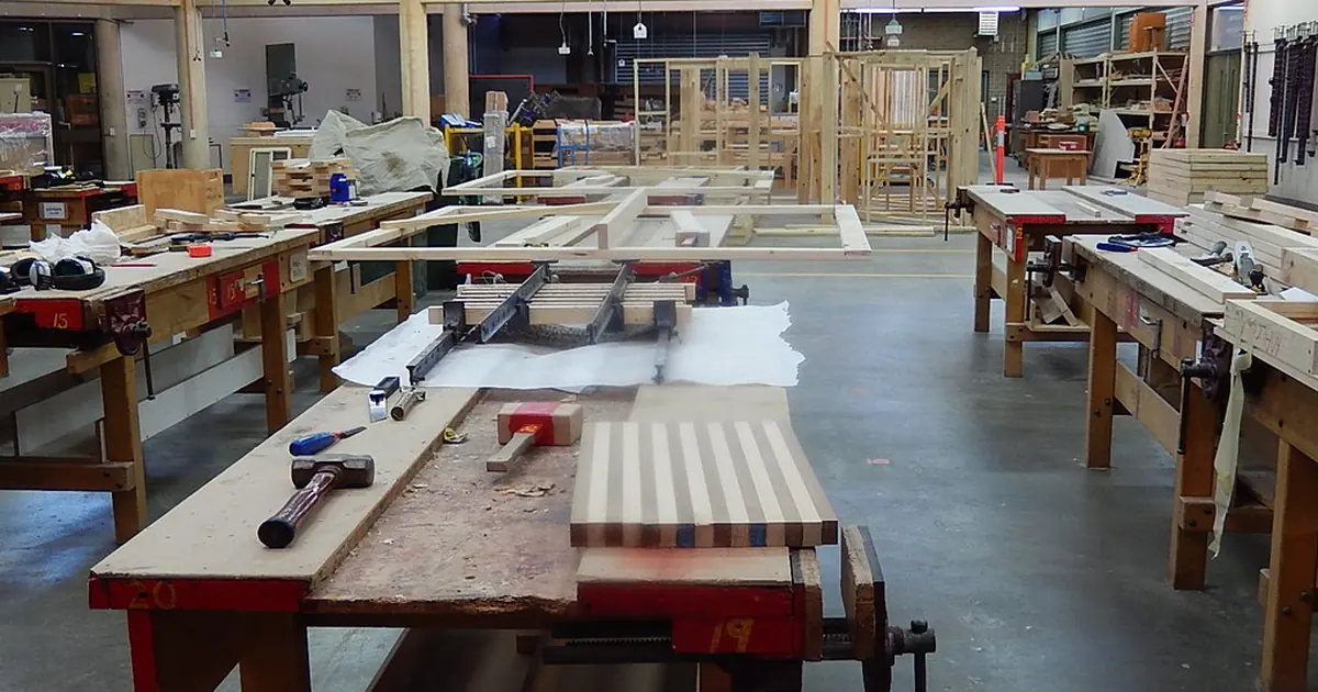 Workbenches in an empty workshop